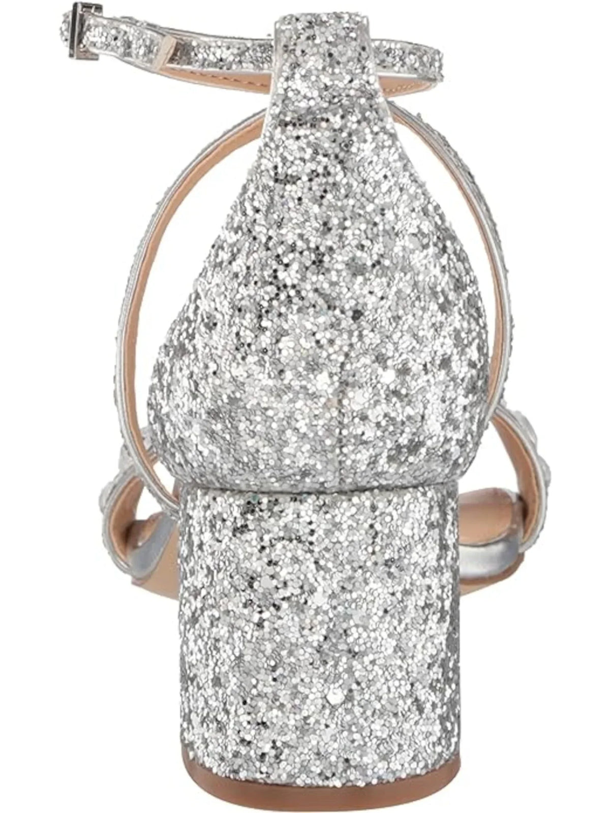 Womens Silver Embellished Glitter Claudia Round Toe Block Heel Buckle Dress Heeled Sandal 8.5