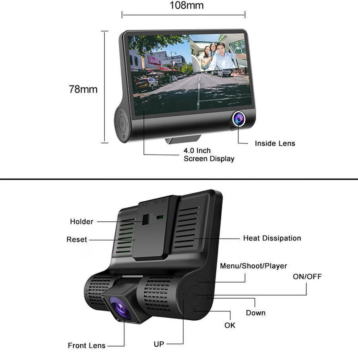 Car Dual Lens Dash Cam 1080P 4"   Front/Rear/Built-In Video Camera Driving Recorder -Sensor, Motion Detection and Parking Monitoring