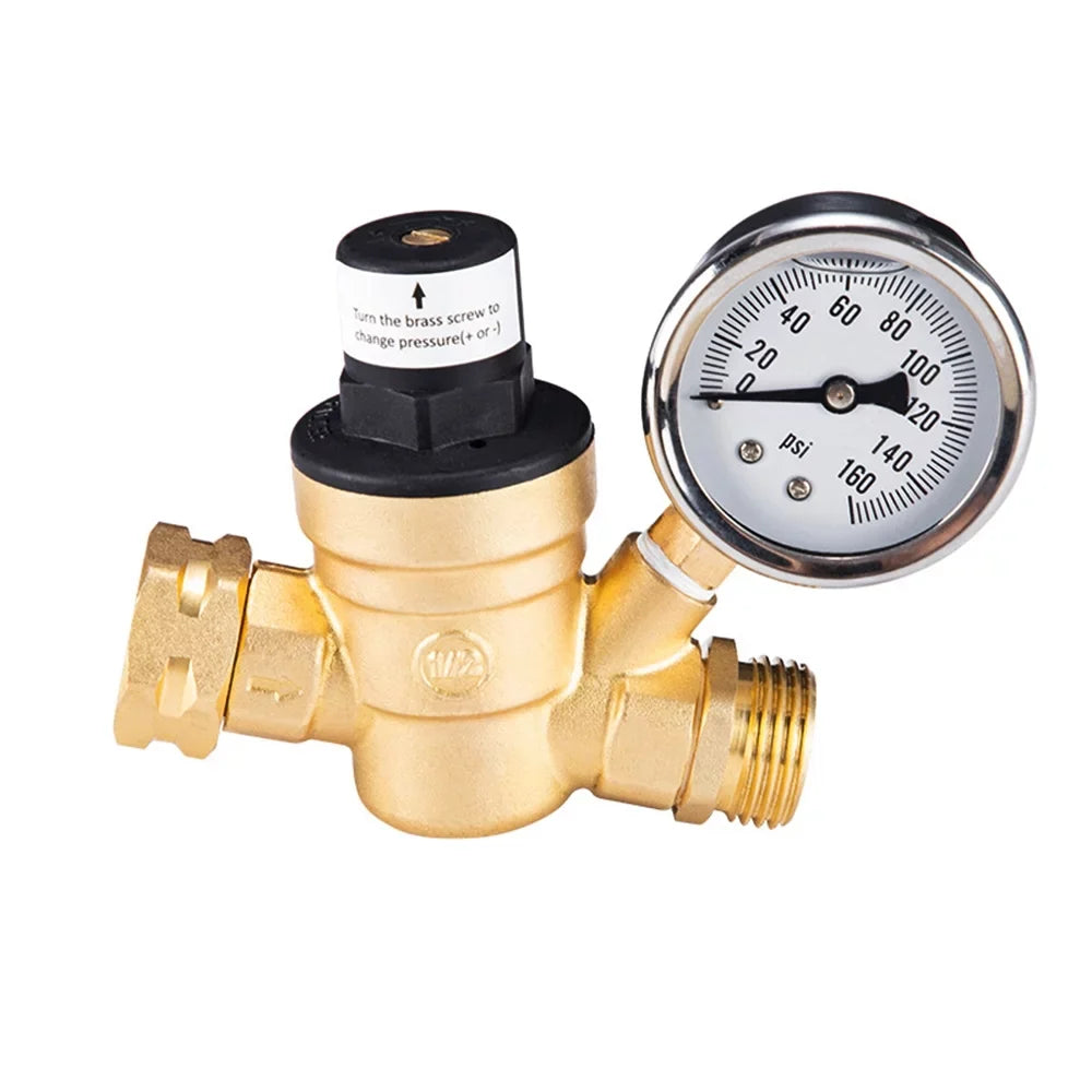 Adjustable Water Pressure Regulator Valve - Lead-Free Brass, with 0-160PSI Gauge and Inlet Screened Filter, Ideal for  and Travel Trailers