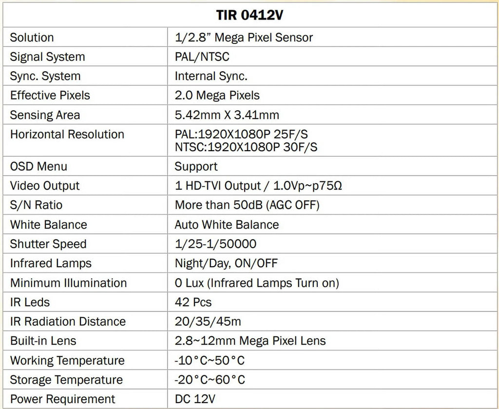 Eyemax -0412V- - 2MP Outdoor Bullet Camera, 2.8-12mm, 42   12V