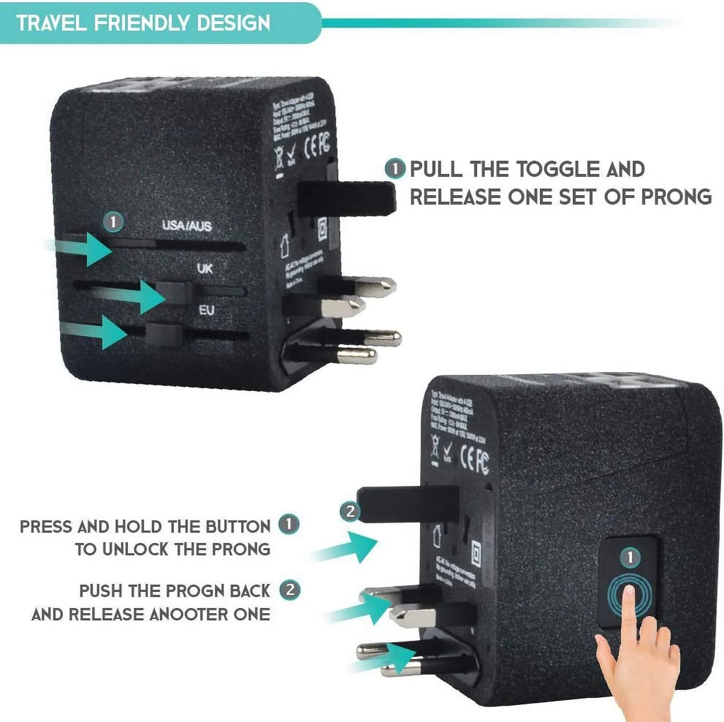 International Power Adapter for Travel (SandBlack) - 4  European Plug Adapter for 150+ Countries - for Europe  America China Ireland Italy - Smart Charging 2.4A Travel Adapters by Sublimeware