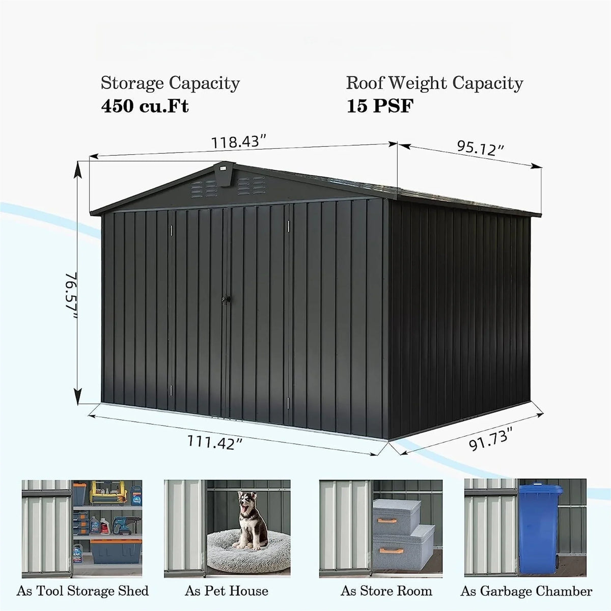 Homiyad Outdoor Storage Shed 10' 8', Metal Garden Shed for Bike, Trash Can, Tools, Galvanized Steel Outdoor Storage Cabinet with Lockable Door for Backyard, Patio, Lawn (10X8ft, Black)