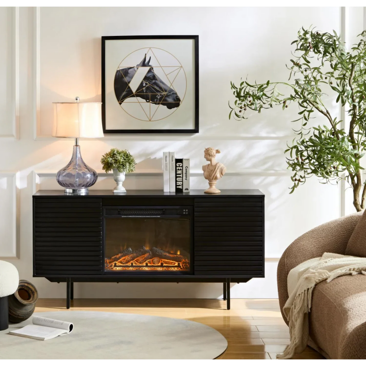 DeeHome  The whole cabinet is made of black oak board, the middle layer board on both sides of the cabinet can be adjusted, the furnace is embedded in the middle grid with the remote control