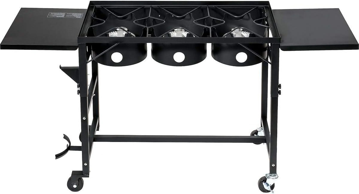 Portable Propane 87,000- Triple-Burner Outdoor Camp Stove Side Table Patio Cooking Wheel /Regulator 4 Hook Utensil Holder