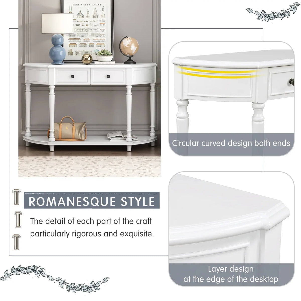 Retro Circular Curved Design Console Table with Open Style Shelf Solid Wooden Frame and Legs Two Top Drawers (White     )