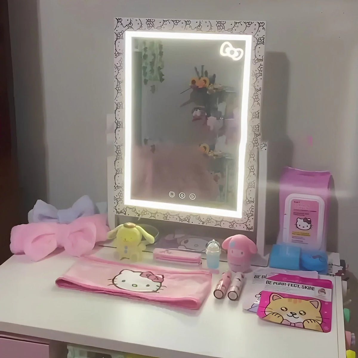 Impressions Vanity Hello Kitty Cute Tri Tone  Makeup Mirror, Lighted Vanity Mirror with Lights and 3X Magnification, 360 Degree Swivel Mirror with Touch and Iron Quality Frame (White)