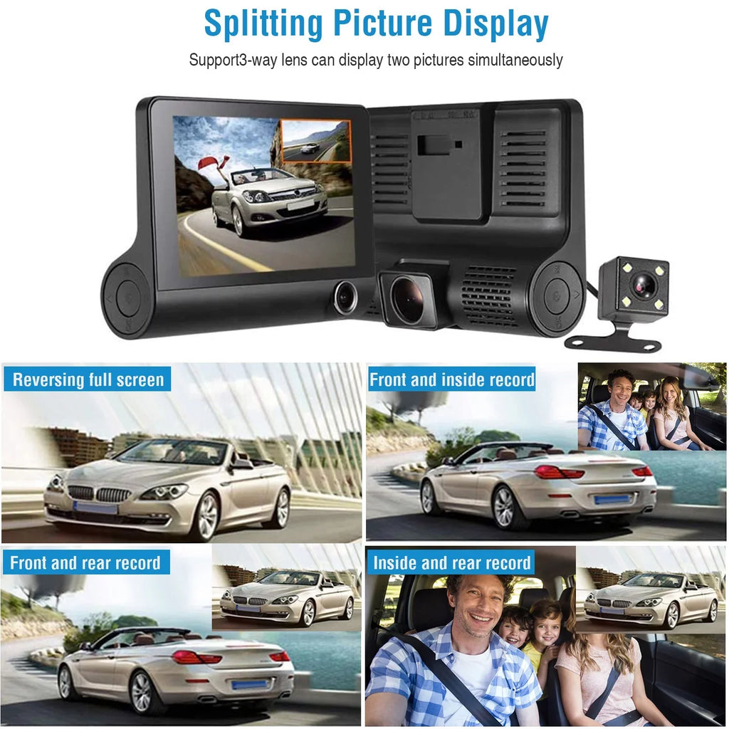 iMounTEK Car Recorder,  1080P 4in Touch Screen Car  Dash Camera 3 Lens Vehicle Driving Recorder Seamless Loop Recording with 32.8ft Rear Camera Wire, Black