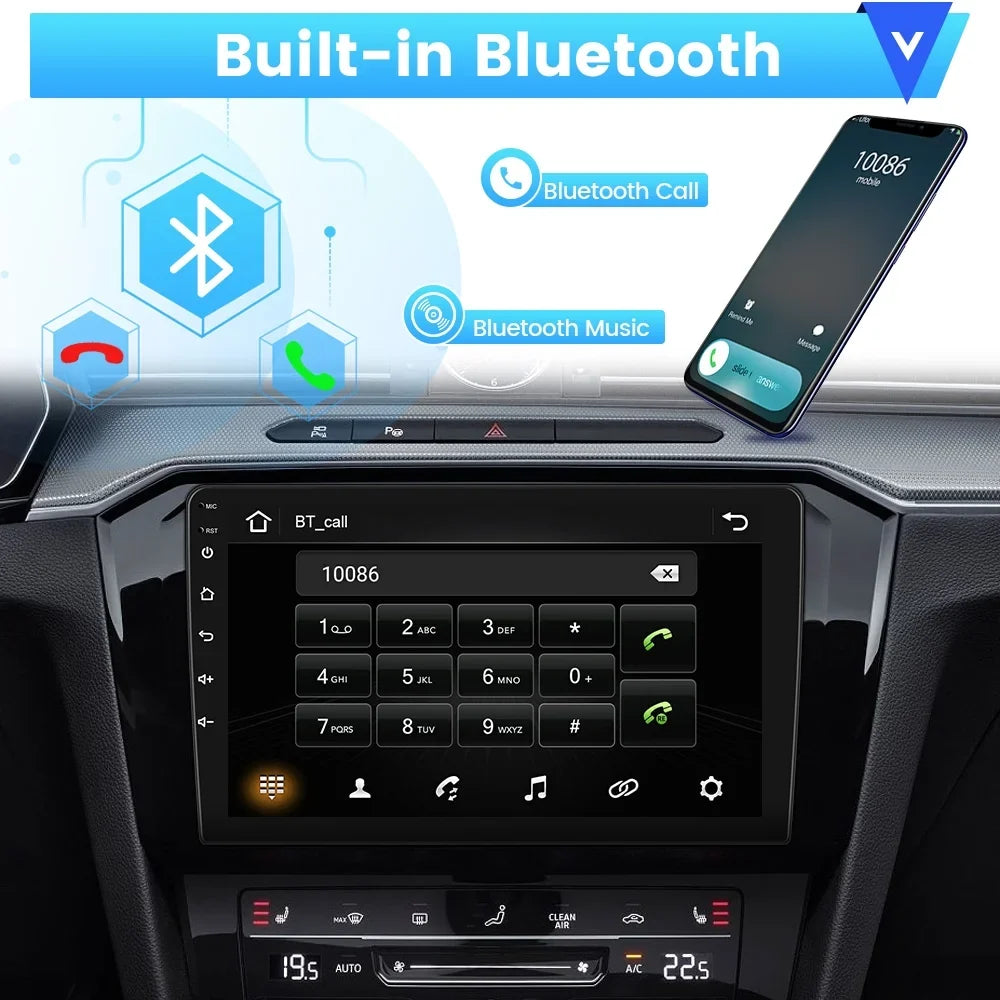 Podofo 2+64G Universal 9'' Double Din Car Stereo Radio Wireless Carplay Android Auto Mirror Link Touch Screen 1080P Car Multimedia Player Bluetooth    , Microphone& Backup Camera