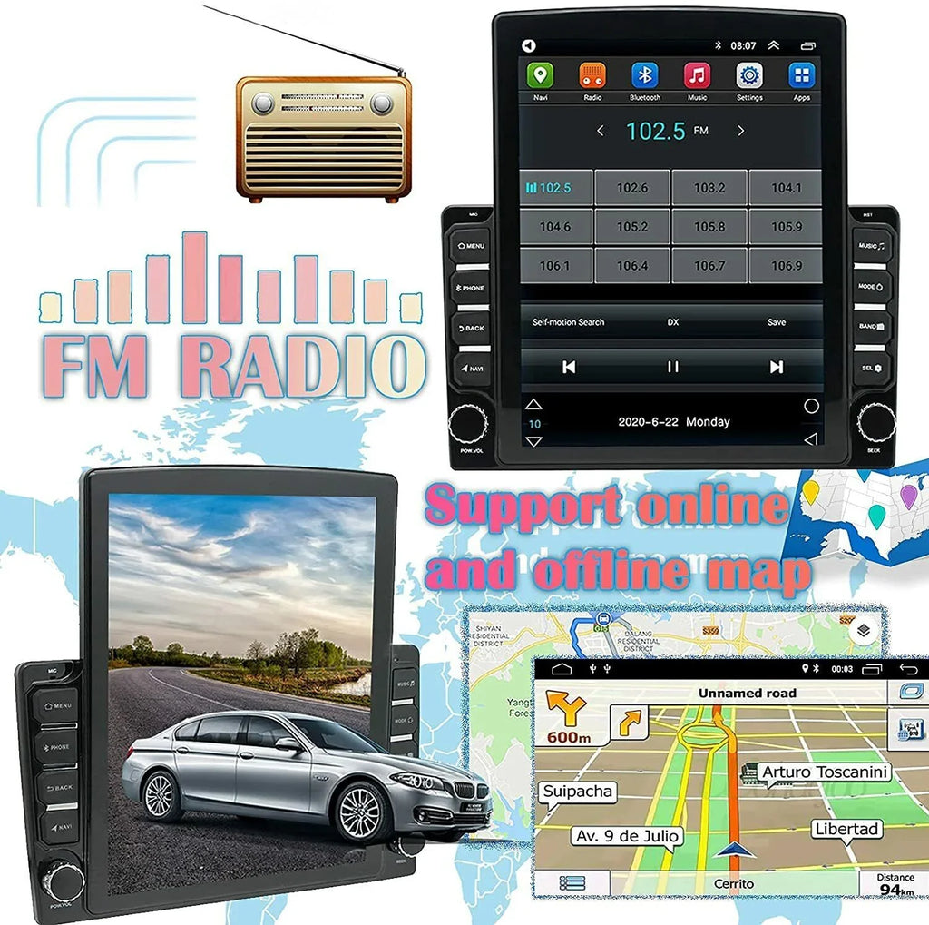 KingFurt Universal Car Stereo 9.7" Touch Screen Bluetooth Music  Radio  Navigation Reversing Camera Input