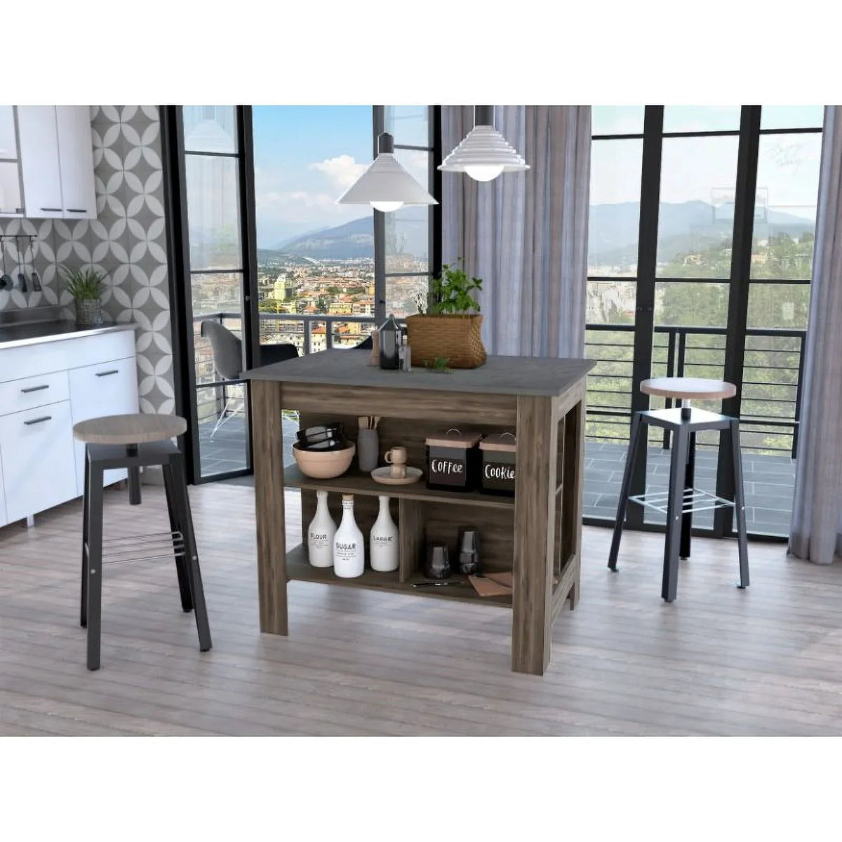 Brooklyn Modern Minimal Kitchen Island with Three Concealed Shelves