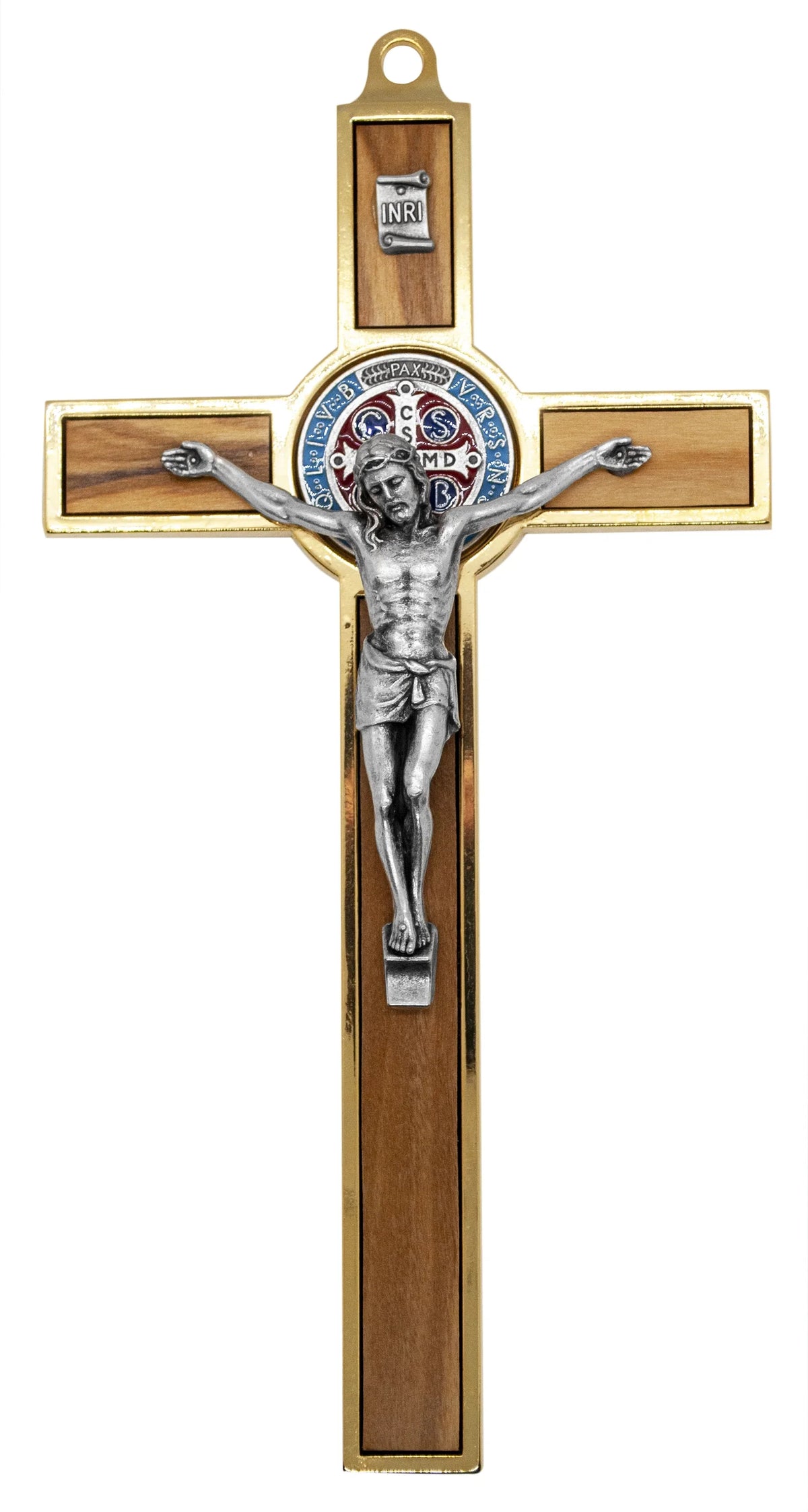 7.75" Gold-Tone St. Benedict Crucifix with Wood Inlays and Colored Medal