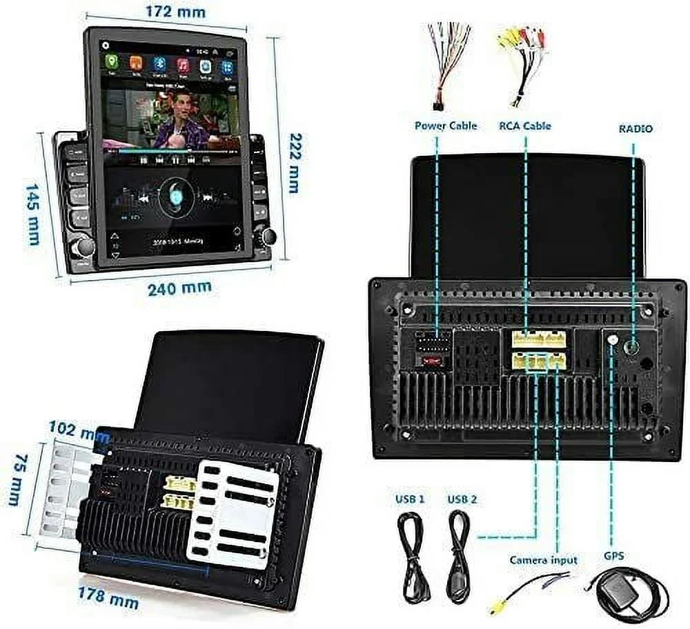 KingFurt Universal Car Stereo 9.7" Touch Screen Bluetooth Music  Radio  Navigation Reversing Camera Input