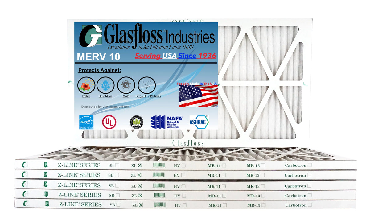 Glasfloss 15x25x1 -  10 -Qty:6 - Furnace Air Filter - Made in  (Actual Size: 14.5 x 24.5x7/8 inch)