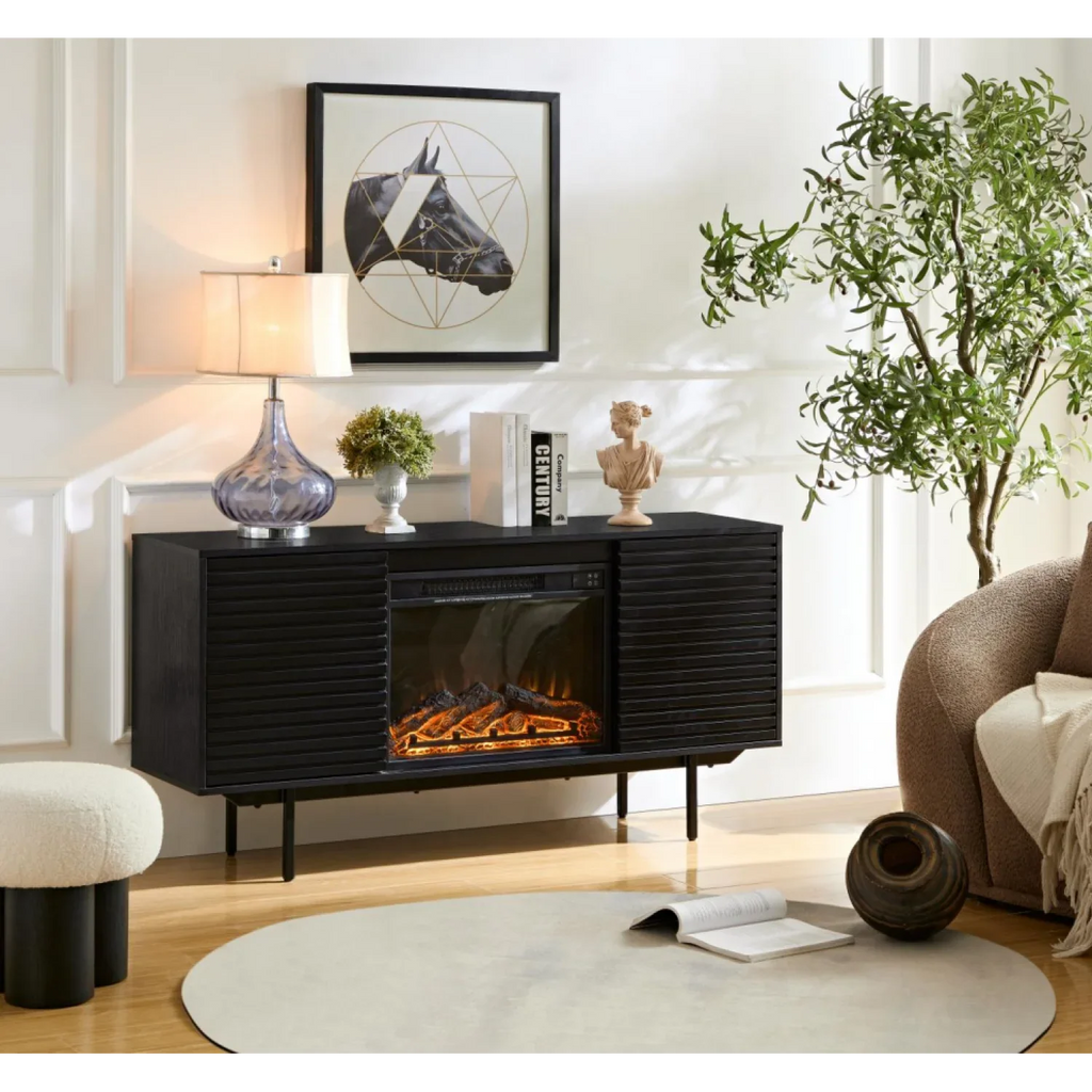 DeeHome  The whole cabinet is made of black oak board, the middle layer board on both sides of the cabinet can be adjusted, the furnace is embedded in the middle grid with the remote control