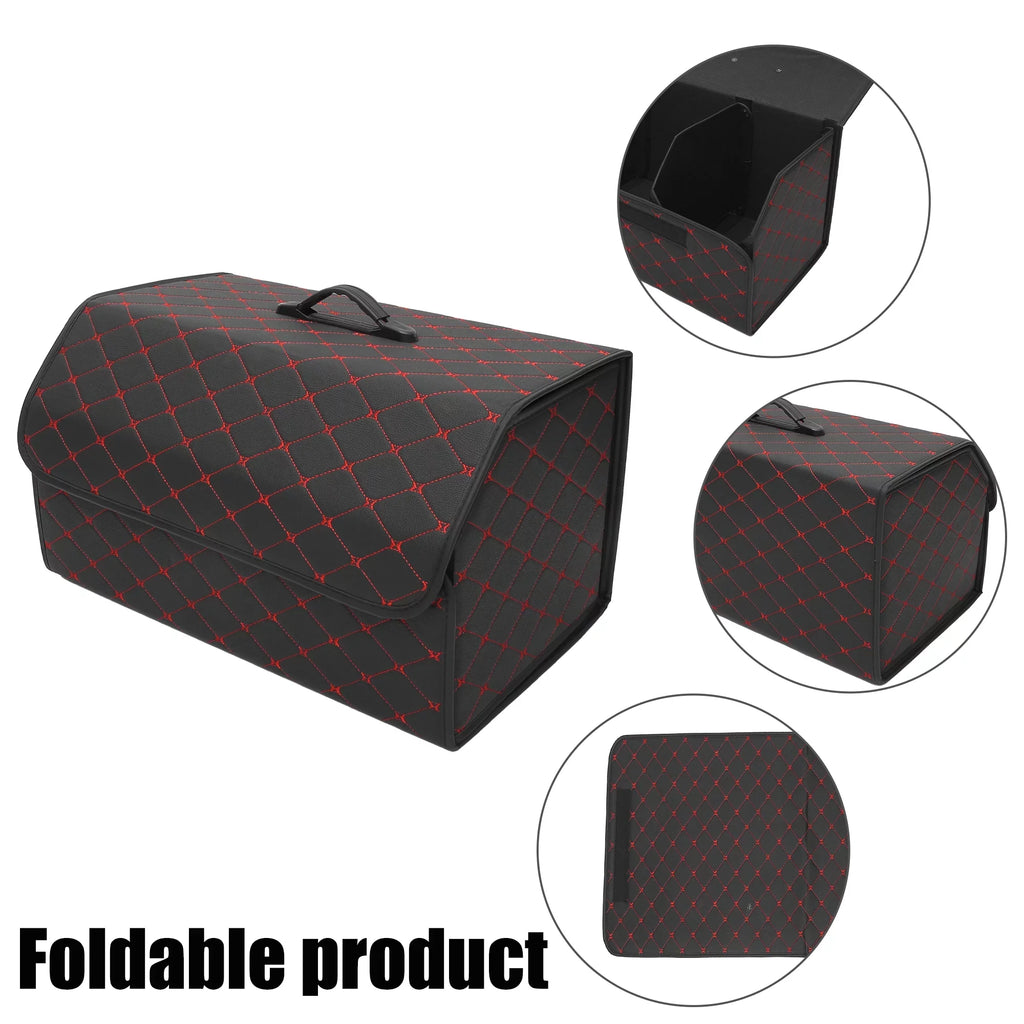 54x31x29cm Black  Leather Car Storage Bag Trunk Organiser Foldable Boot Bag with Handle for Truck  Red Stitches