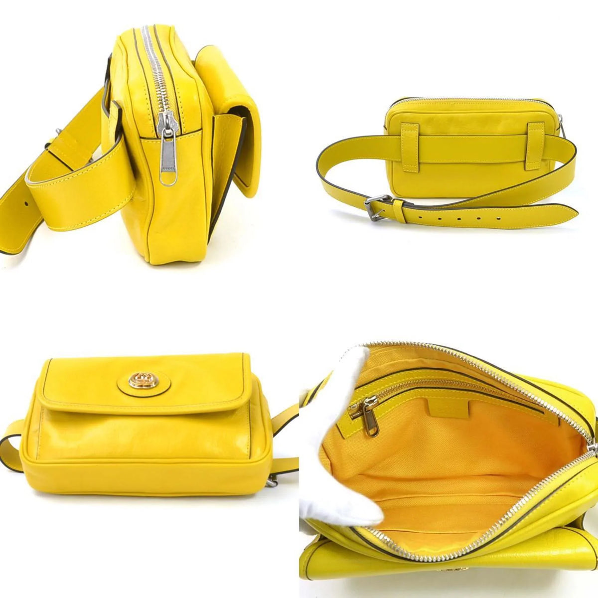 Pre-Owned Gucci  waist bag belt interlocking  leather yellow silver unisex 598080 (Good)